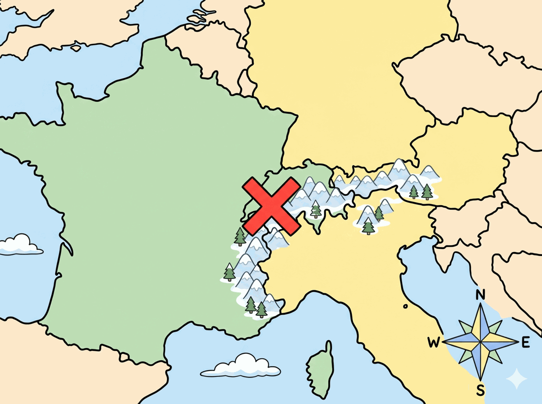 Mapa de los Alpes en la frontera, con una X y la rosa de los vientos