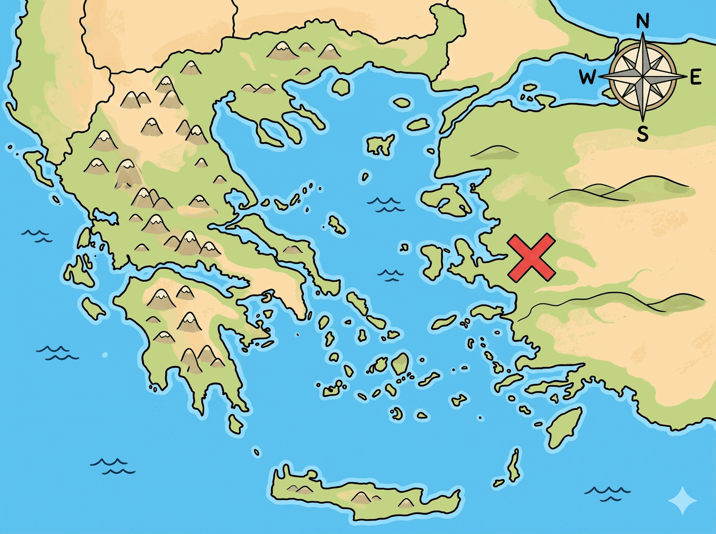 Mapa de Grecia y el mar Egeo con una X sobre Troya y la rosa de los vientos