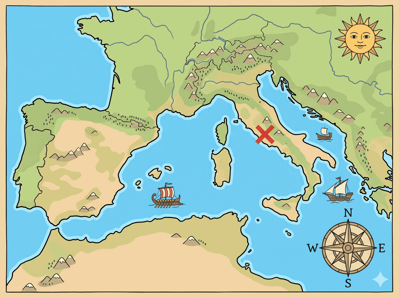 Mapa del Mediterráneo occidental con Italia, Hispania y una X sobre Roma