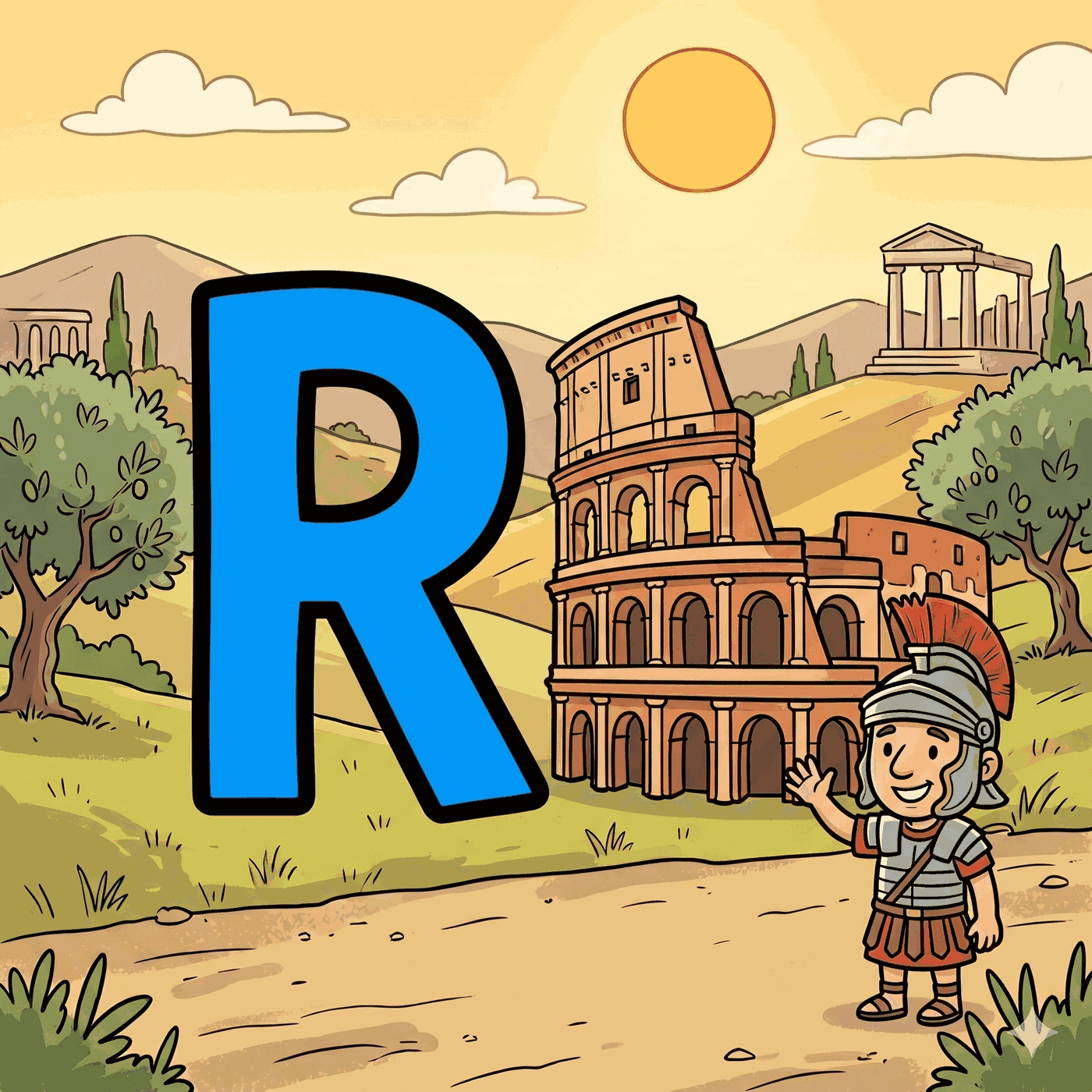 La letra R junto al Coliseo romano