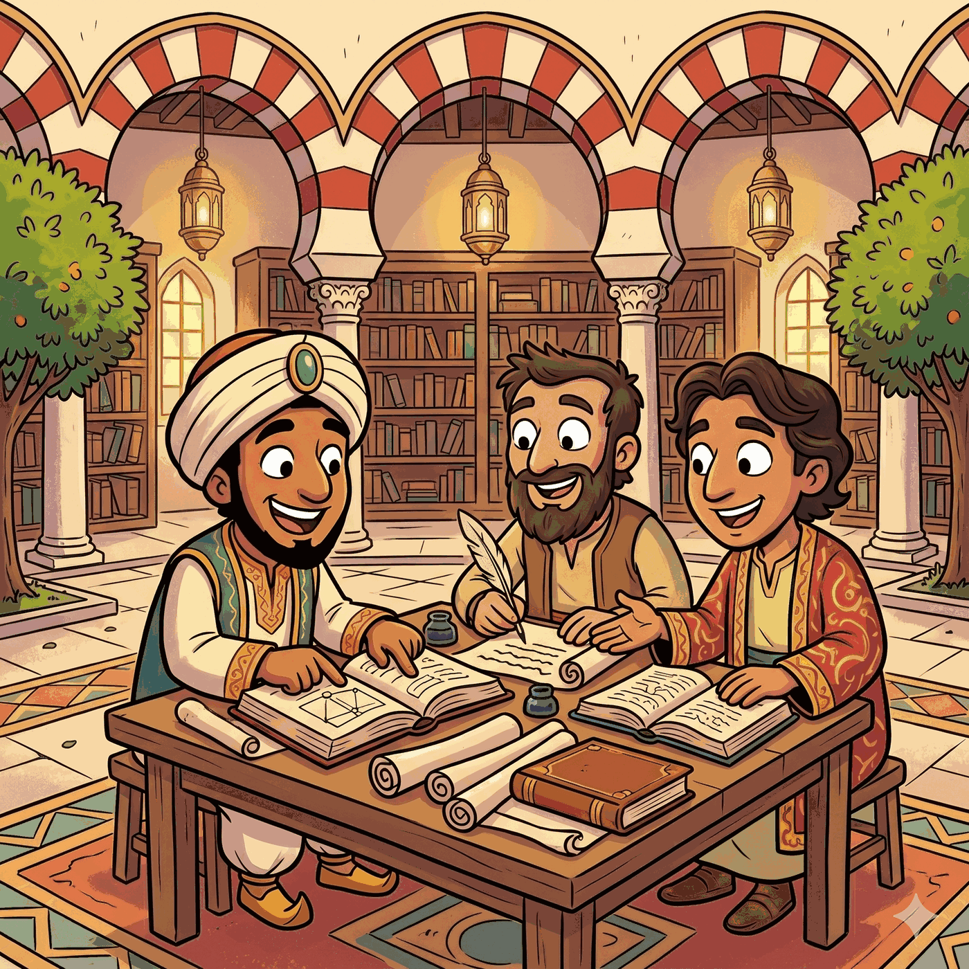 Tres sabios de culturas distintas traduciendo juntos en la biblioteca de Córdoba
