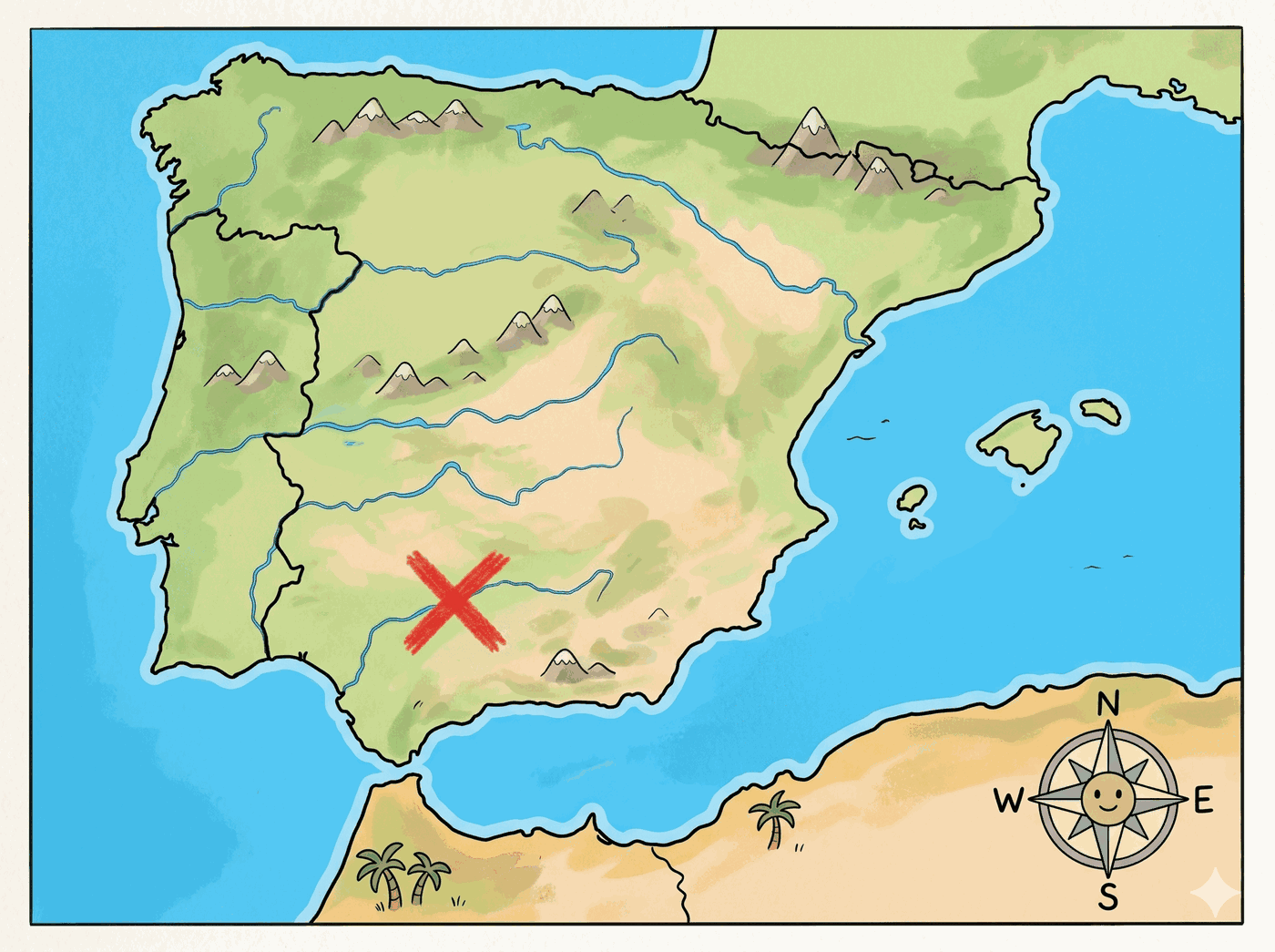 Mapa de la Península Ibérica y el norte de África con el estrecho de Gibraltar, una X en Córdoba y la rosa de los vientos