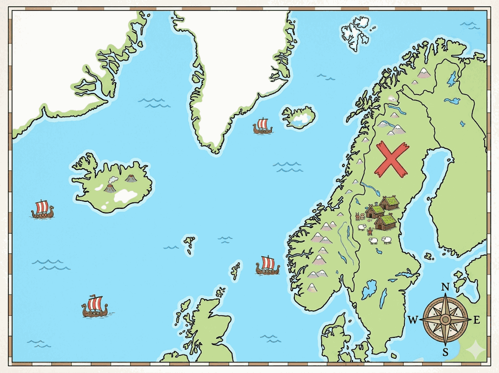 Mapa de Escandinavia y el Atlántico Norte con una X y la rosa de los vientos