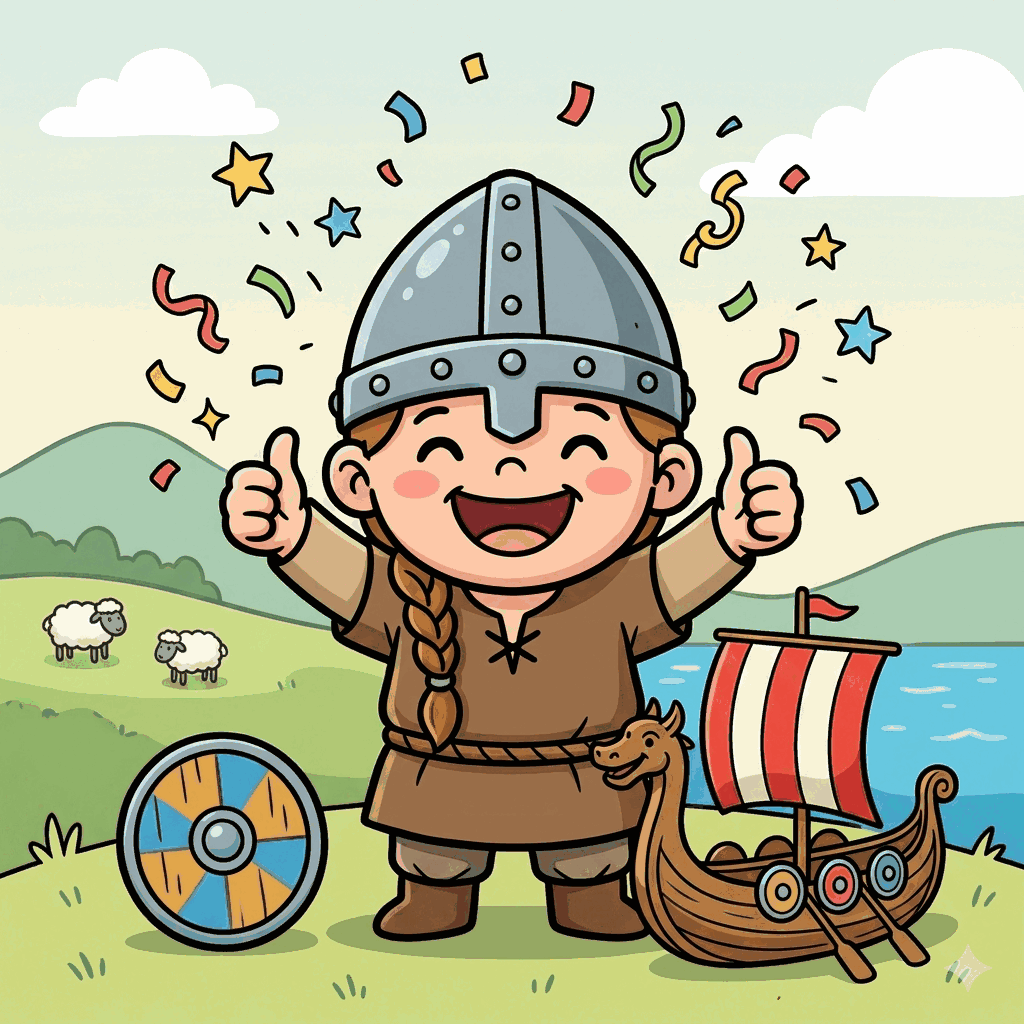 Niño vikingo celebrando con los pulgares hacia arriba