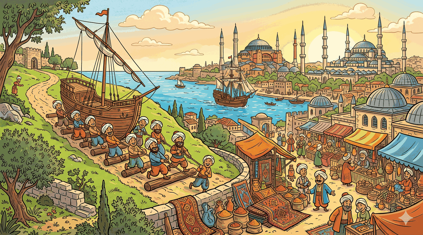 Estambul con mezquitas de cúpulas y minaretes, el Gran Bazar y un barco arrastrado sobre una colina hasta el mar