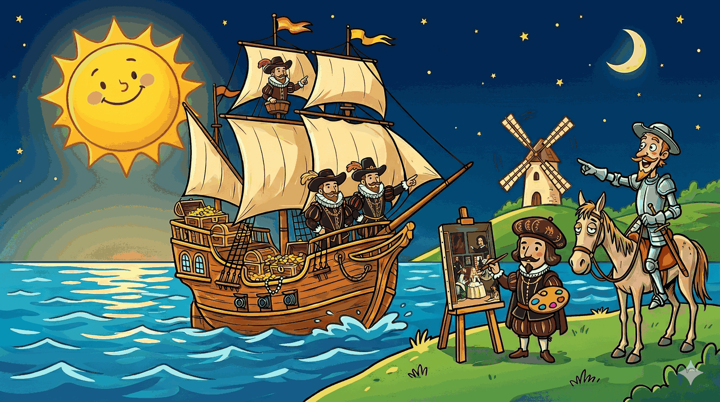Galeón cargado de cofres del tesoro navegando ante un mapamundi con un sol sonriente, con un pintor de corte y un caballero a caballo junto a un molino