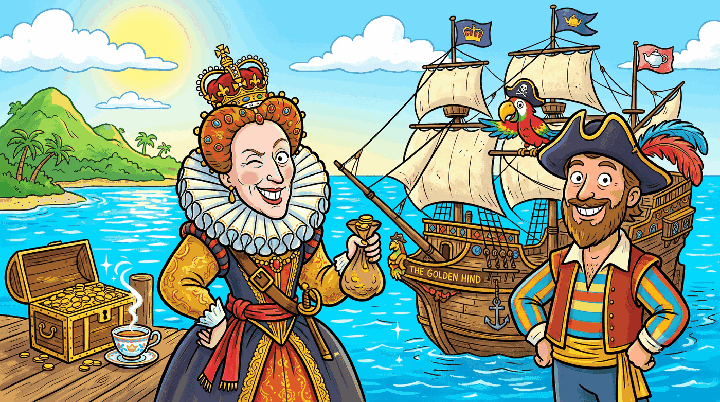 La reina Isabel I con corona y gola guiñando el ojo junto a un corsario sonriente con sombrero de plumas, un barco velero, una taza de té y un cofre del tesoro